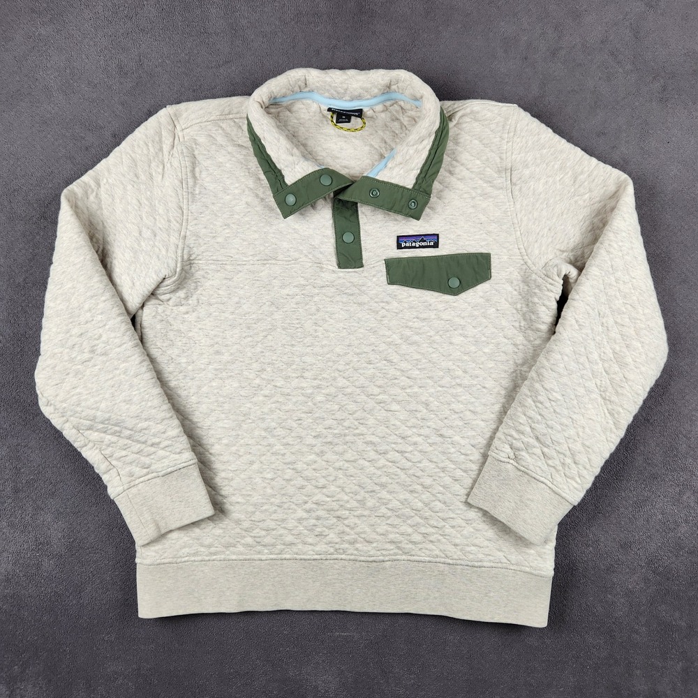 Patagonia Quilt Snap-T Pullover Womens Medium Beige Green Organic‎ Cotton 25281